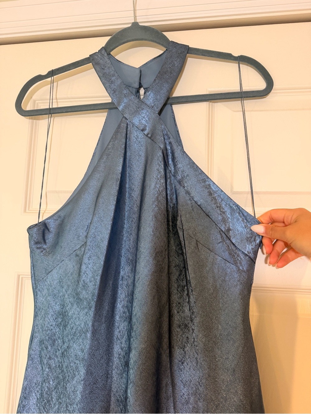 NWT ADRIANNA FOILED SATIN MERMAID GOWN HALTER NECKLINE FRENCH BLUE - Picture 5 of 9